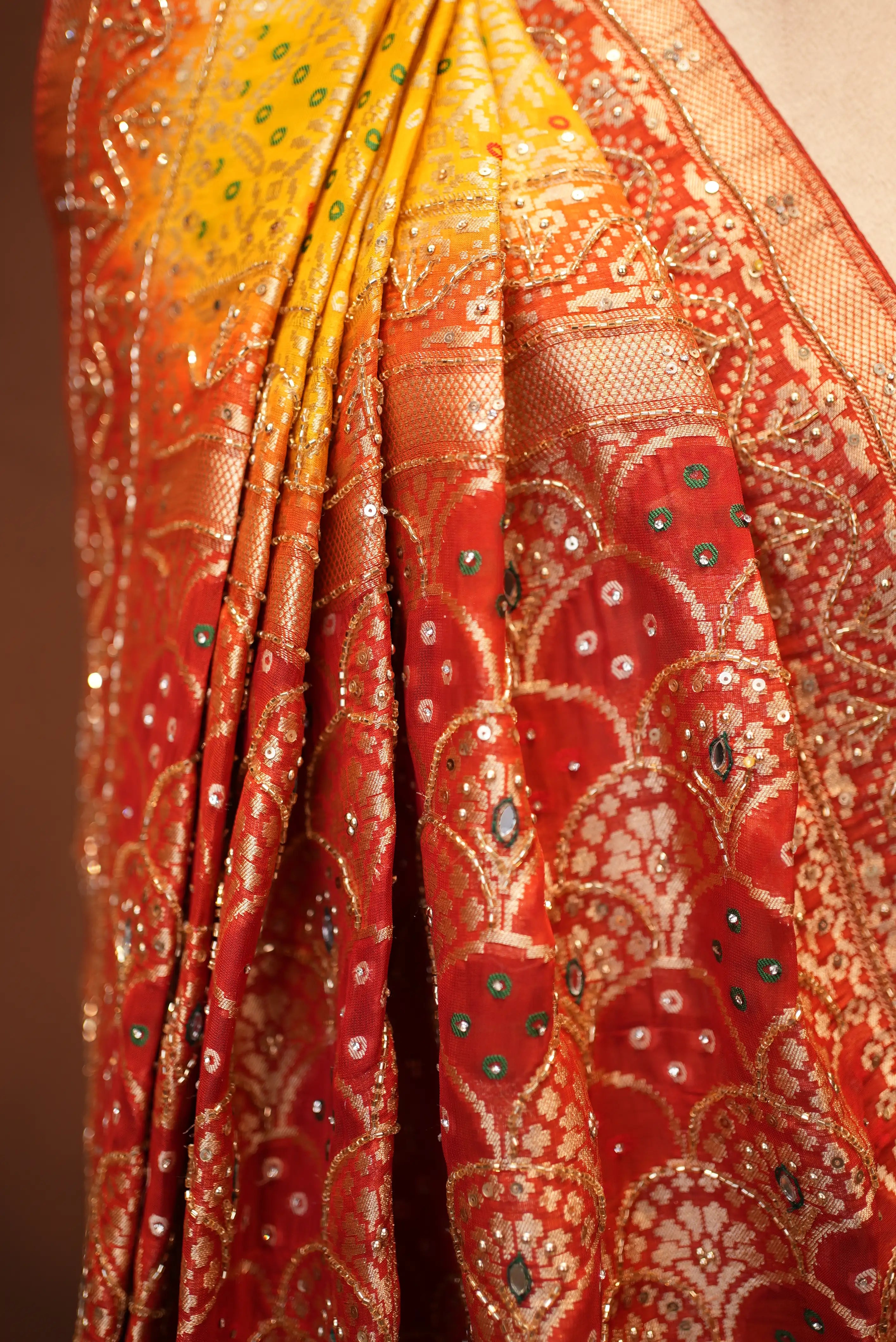 Yellow to Red Traditional Bandhani Design Zardozi Handwork Saree