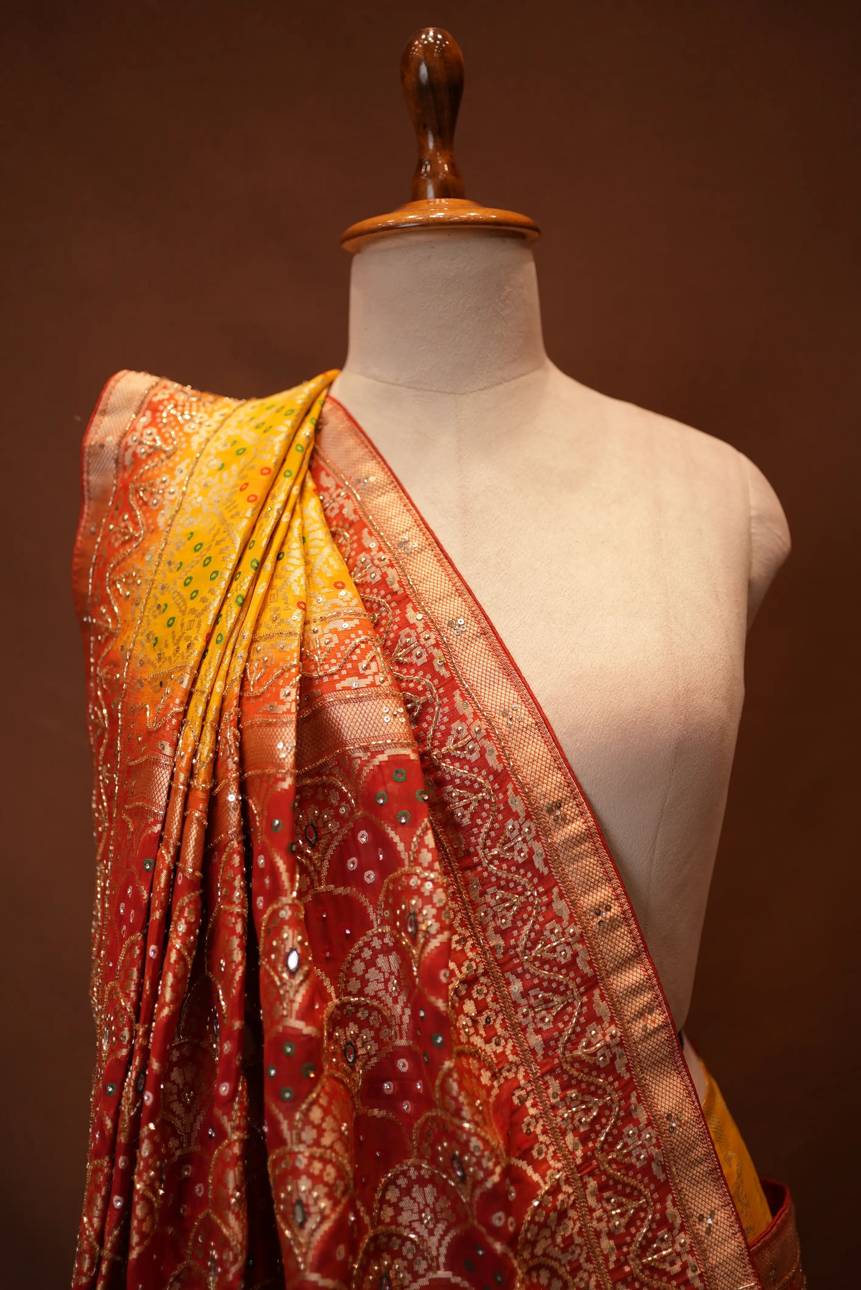 Yellow to Red Traditional Bandhani Design Zardozi Handwork Saree