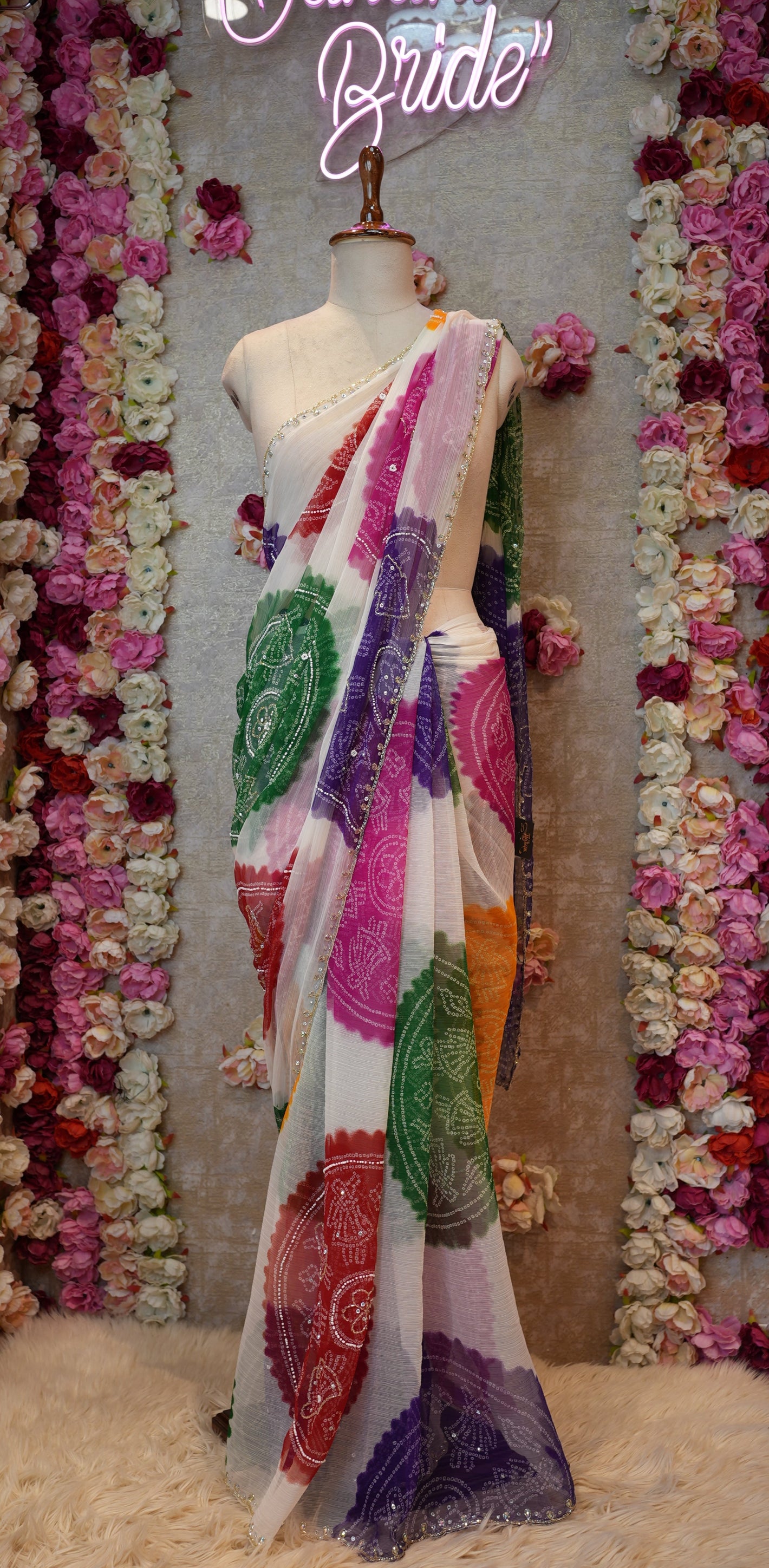 RAJATHANI FAMOUS MULTICOLOUR BANDHANI SAREE WITH LADU BANDEJ & CUTDANA BORDER AND BEATS WORK (WITH BLOUSE ) ##SR0367