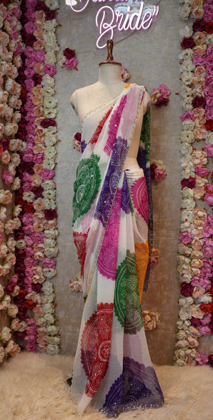 RAJATHANI FAMOUS MULTICOLOUR BANDHANI SAREE WITH LADU BANDEJ & CUTDANA BORDER AND BEATS WORK (WITH BLOUSE ) ##SR0367