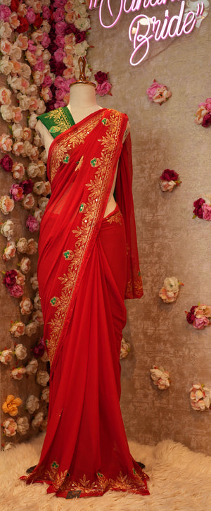 FESTIVAL SPECIAL RAJPUTI SAREE ON CHAMUNDA CHIFFON FABRIC (WITH CONTRAST GREEN BLOUSE)  ##SR0369