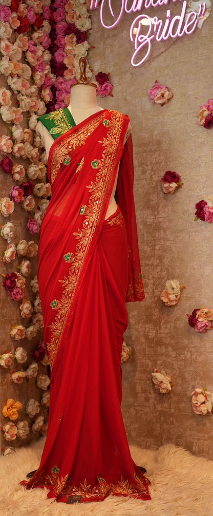 FESTIVAL SPECIAL RAJPUTI SAREE ON CHAMUNDA CHIFFON FABRIC (WITH CONTRAST GREEN BLOUSE)  ##SR0369
