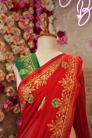 FESTIVAL SPECIAL RAJPUTI SAREE ON CHAMUNDA CHIFFON FABRIC (WITH CONTRAST GREEN BLOUSE)  ##SR0369