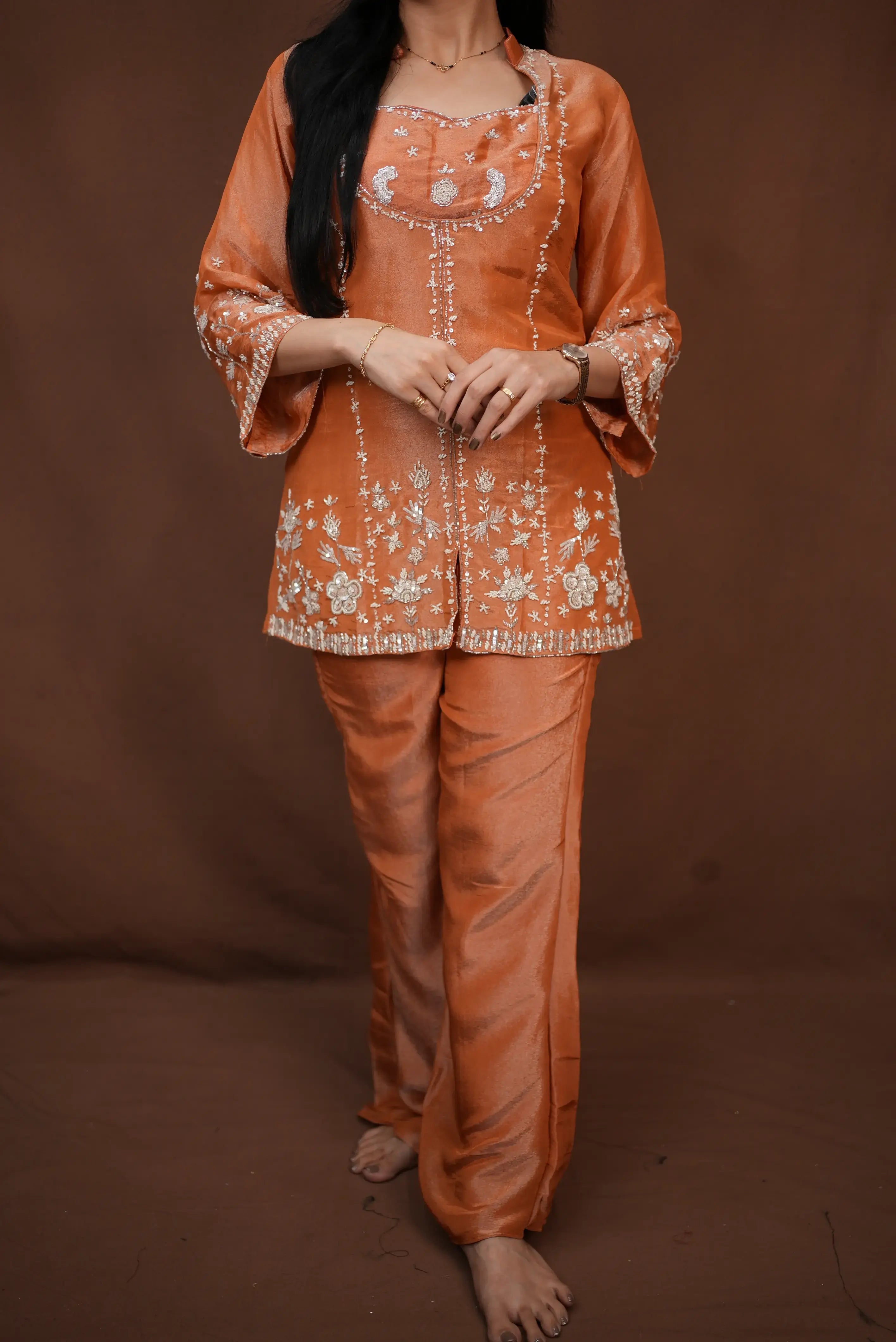 Bustier Co-ord Set with Cut Dana and Sequin Beads Work (Brick Colour)