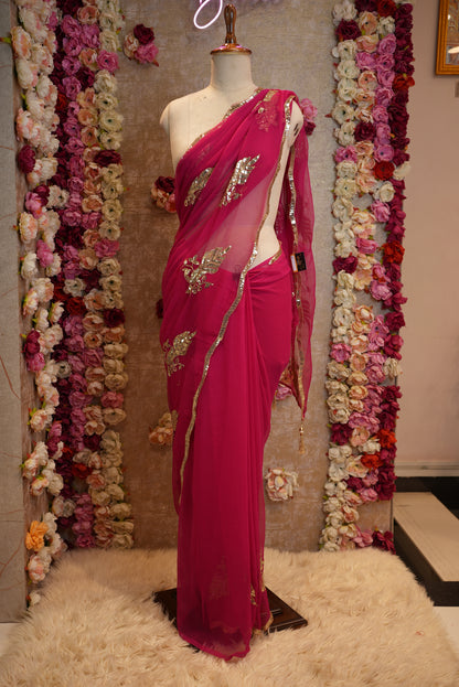 PEACOCK DESIGN SAREE WITH SEQUANCE WORK ON ROYAL GEORGETTE FABRIC  (RUNNING BLOUSE)   ##SR0365