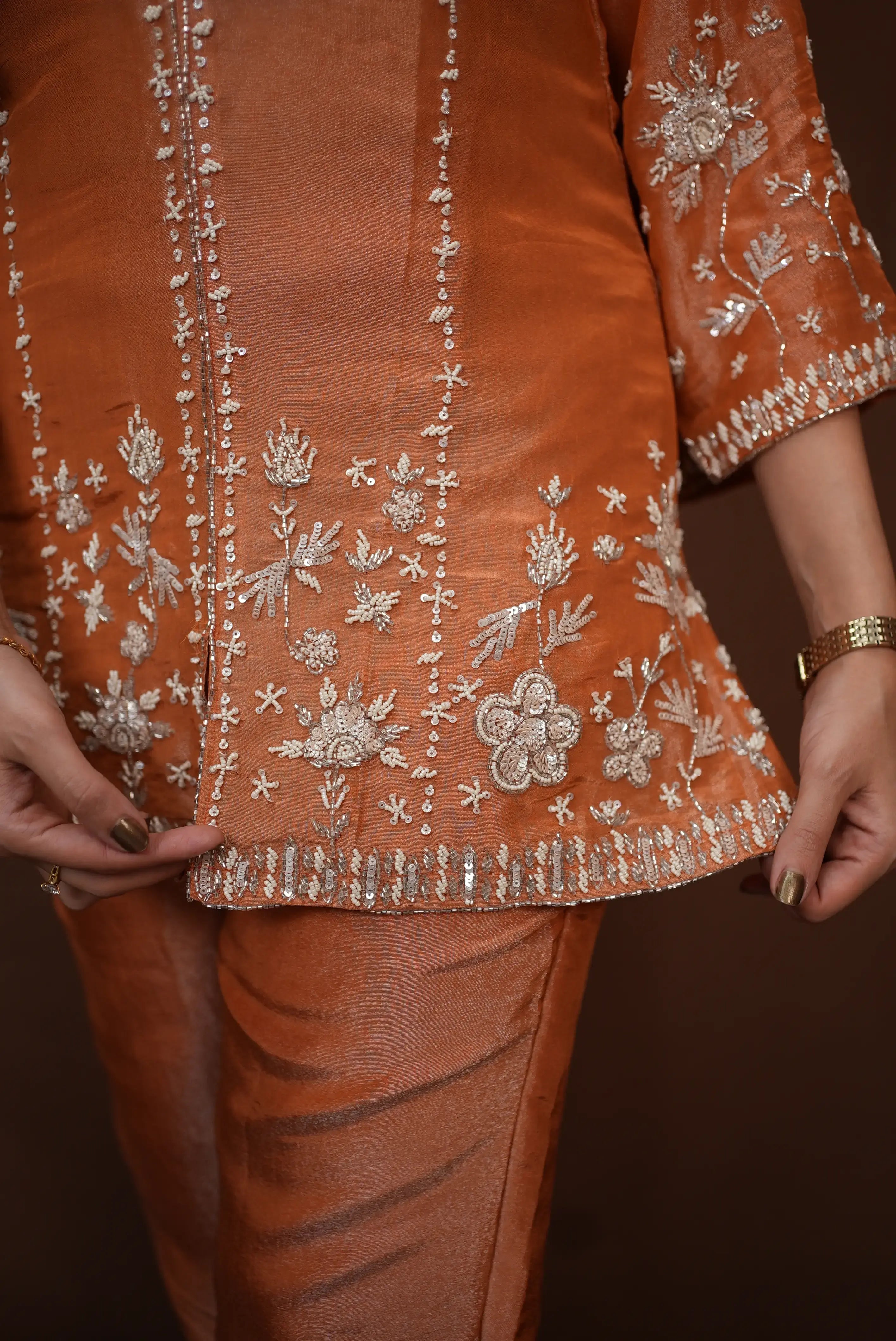 Bustier Co-ord Set with Cut Dana and Sequin Beads Work (Brick Colour)