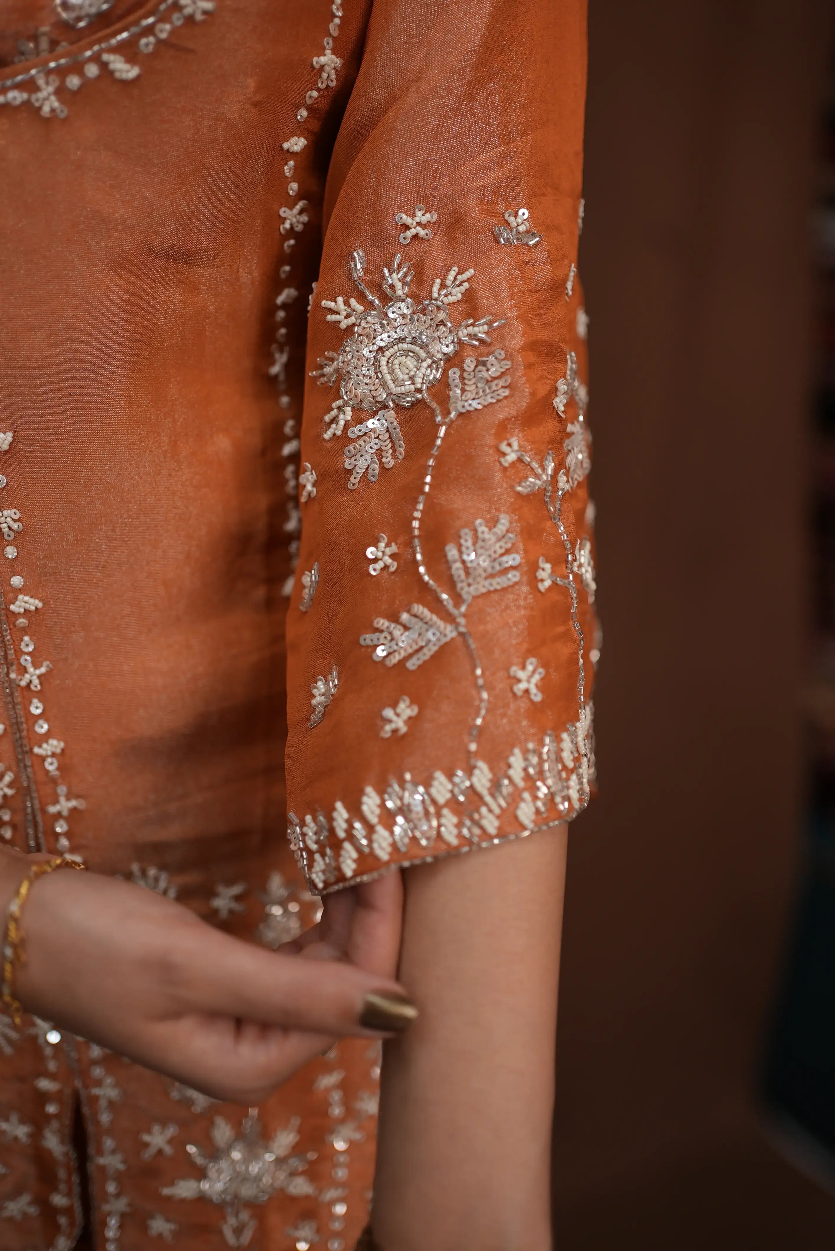 Bustier Co-ord Set with Cut Dana and Sequin Beads Work (Brick Colour)