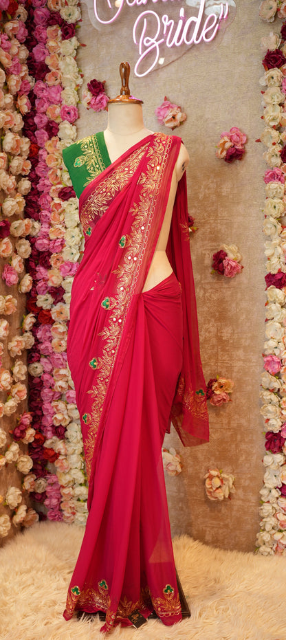 FESTIVAL SPECIAL RAJPUTI SAREE ON CHAMUNDA CHIFFON FABRIC (WITH CONTRAST GREEN BLOUSE)  ##SR0369
