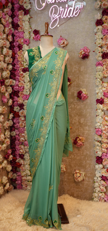 FESTIVAL SPECIAL RAJPUTI SAREE ON CHAMUNDA CHIFFON FABRIC (WITH CONTRAST GREEN BLOUSE)  ##SR0369
