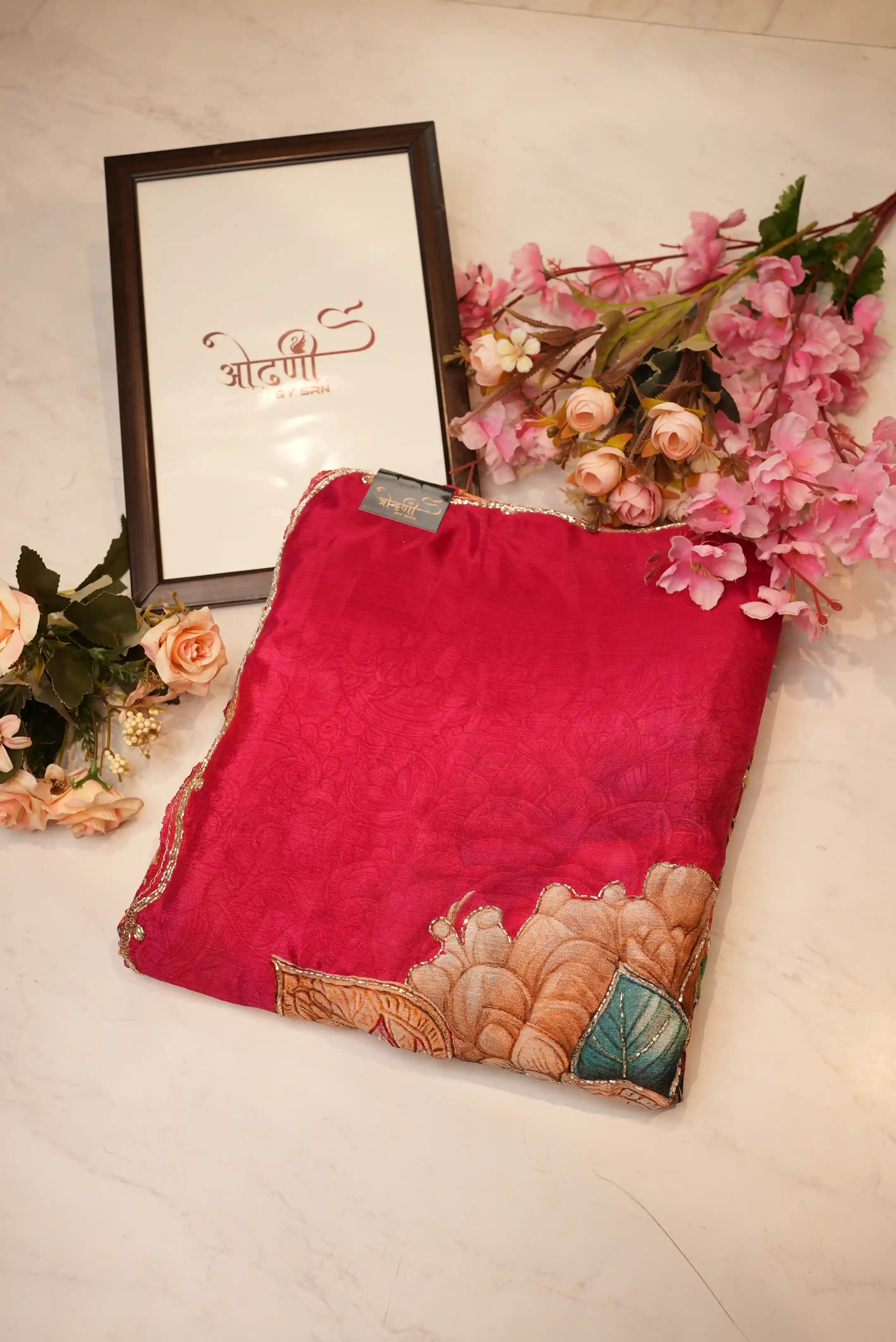 Chinon Fabric Digital Print Saree With Handwork