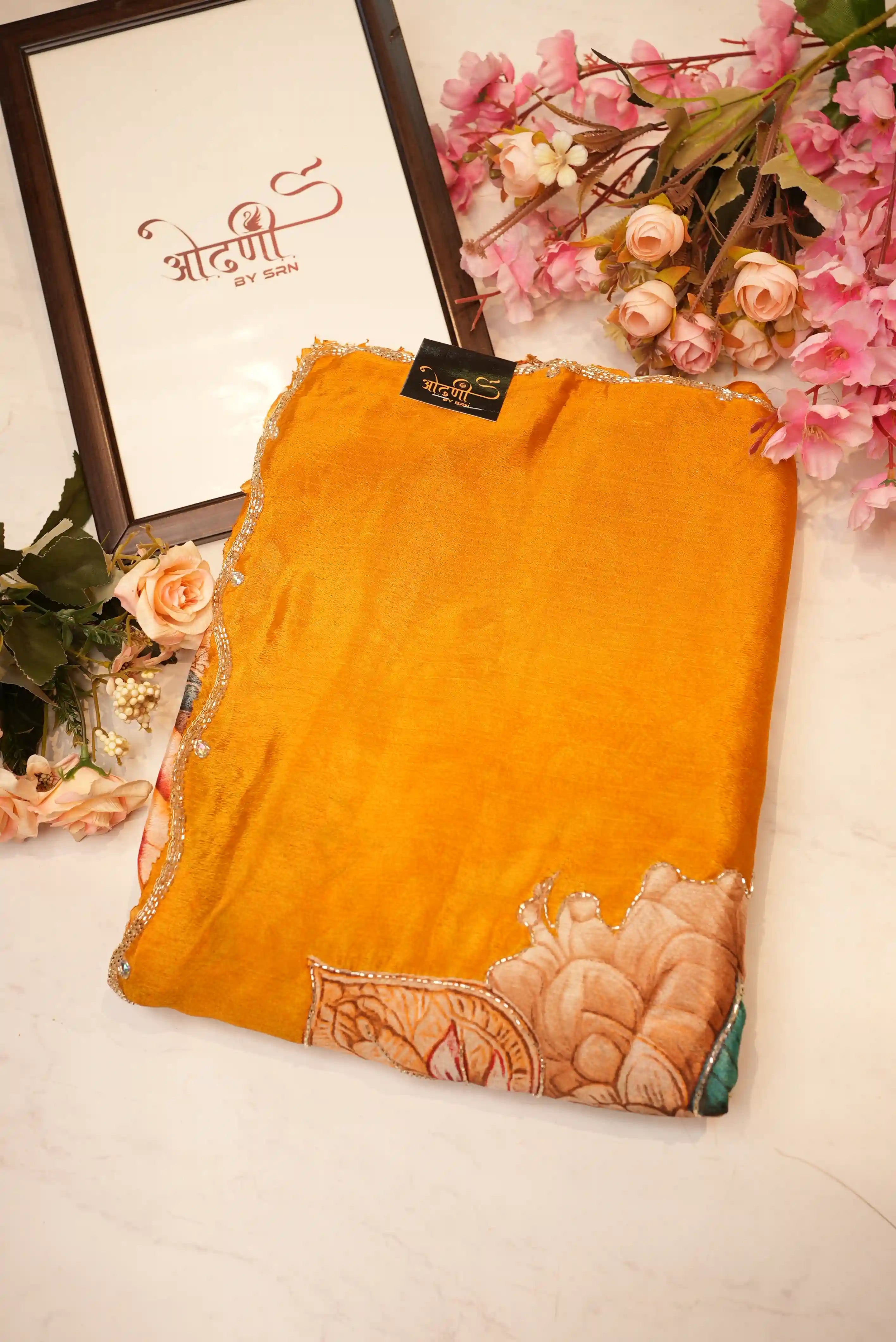 Chinon Fabric Digital Print Saree With Handwork