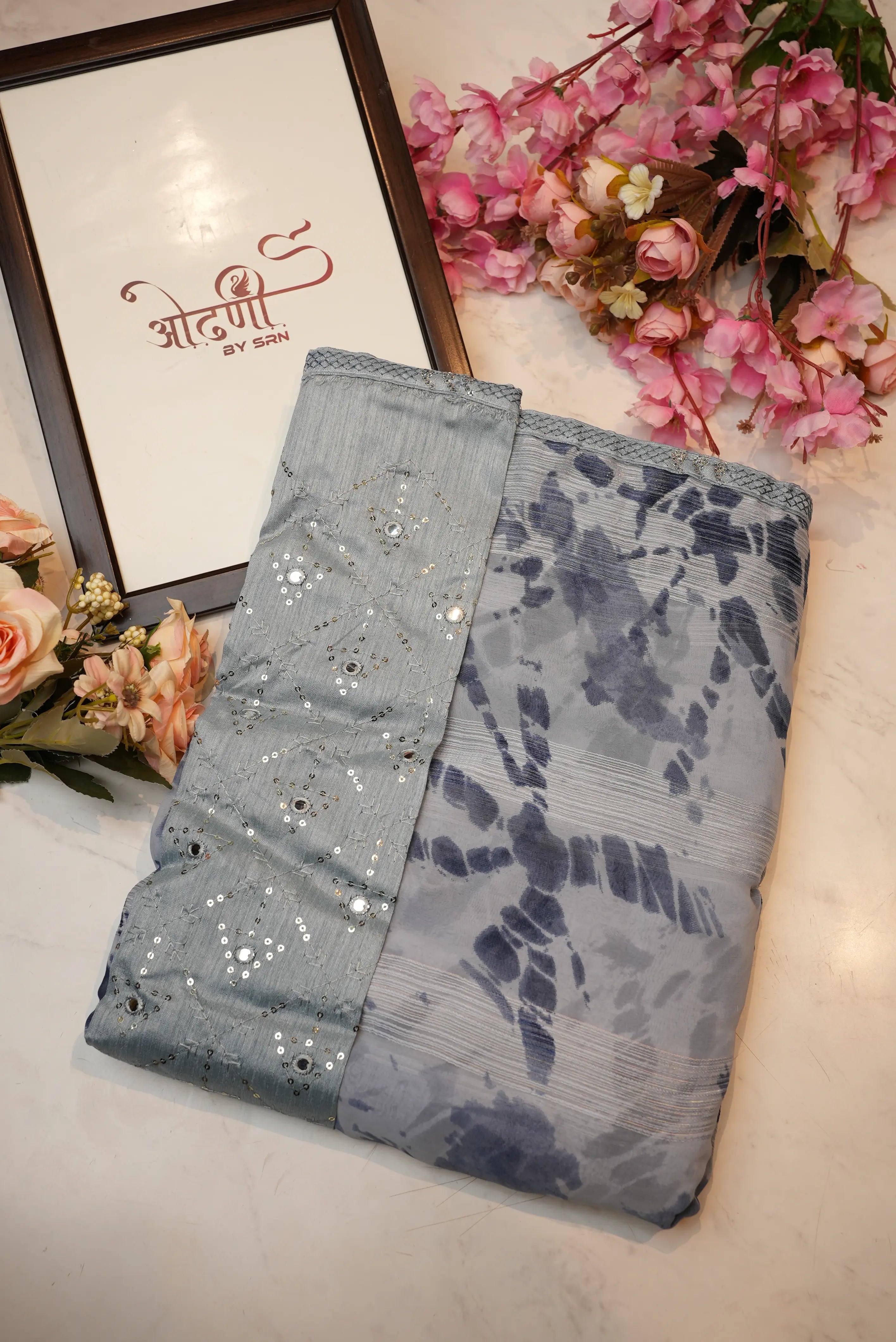 Georgate Fabric Saree With Mirror Blouse