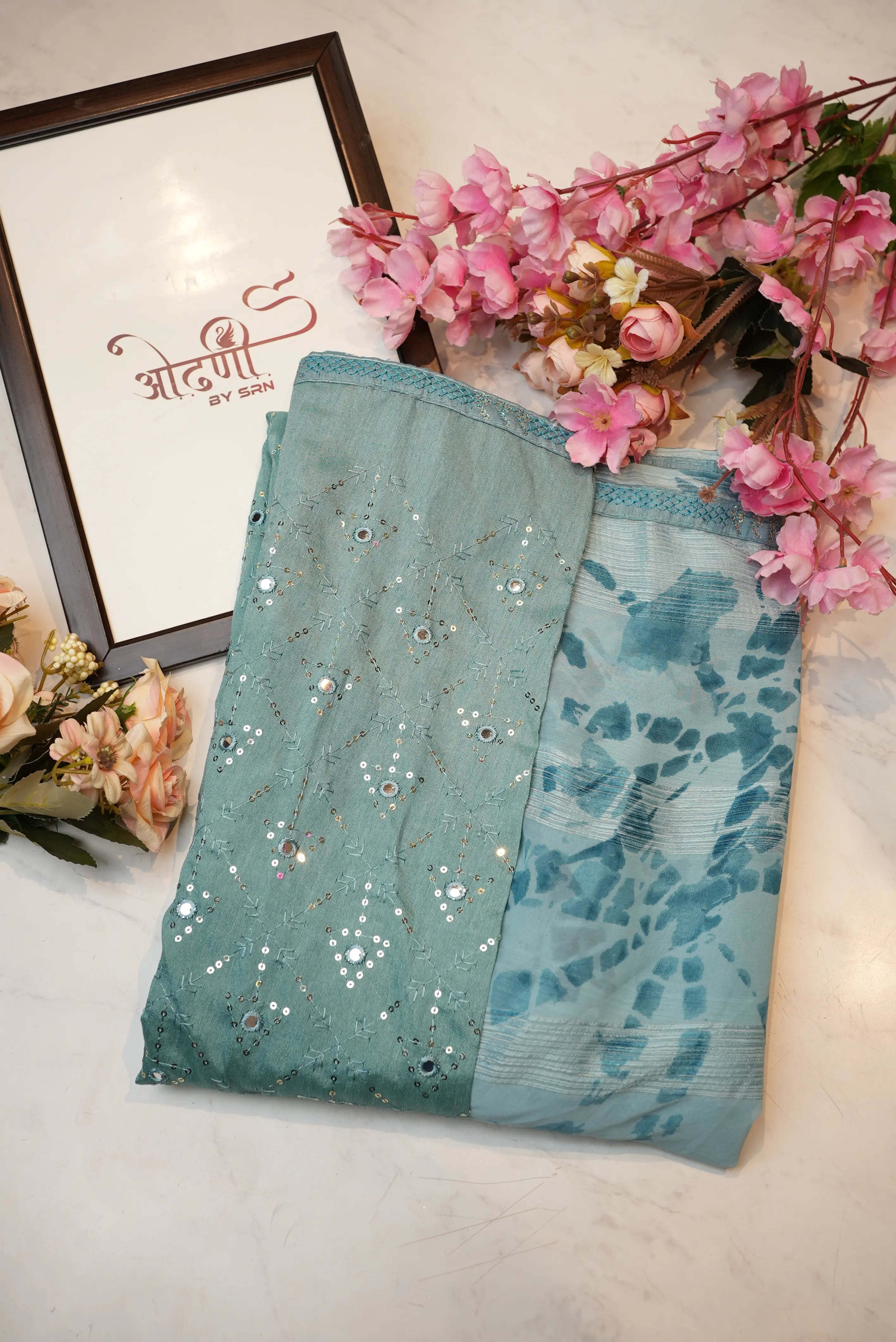 Georgate Fabric Saree With Mirror Blouse