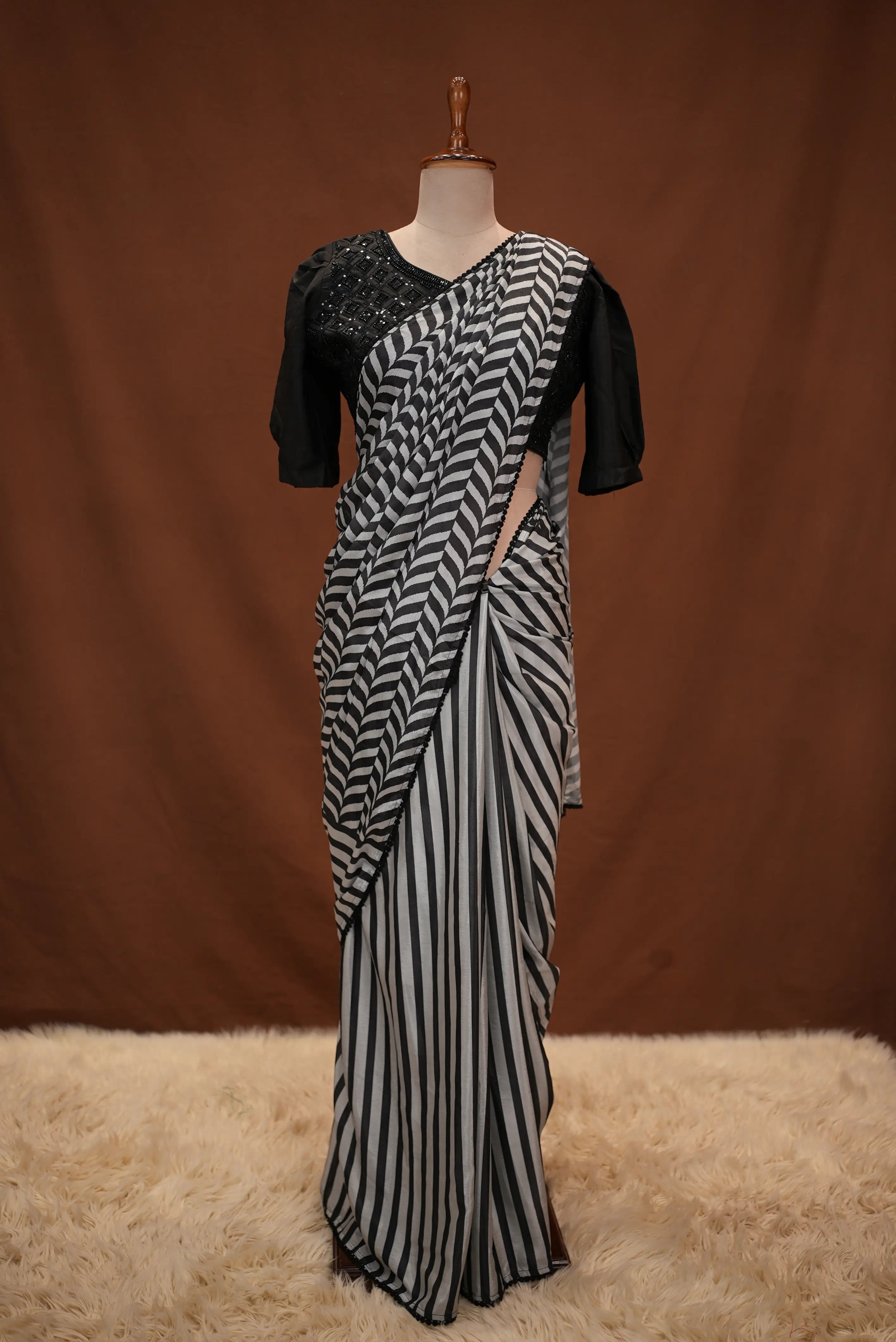 Stitch Blouse Saree With Heavy Handwork On Chinnon Fabric (Z Black Colour)