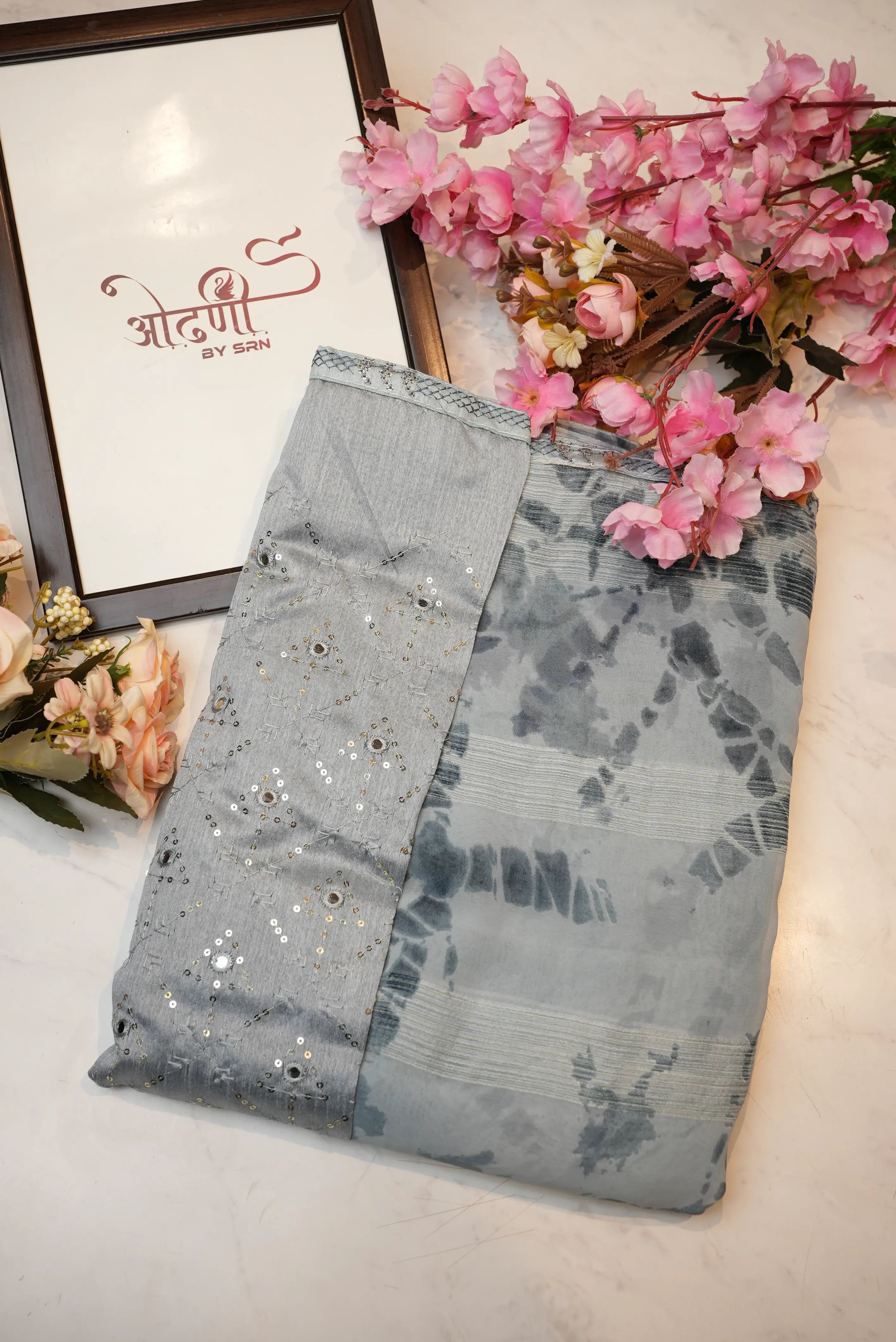 Georgate Fabric Saree With Mirror Blouse