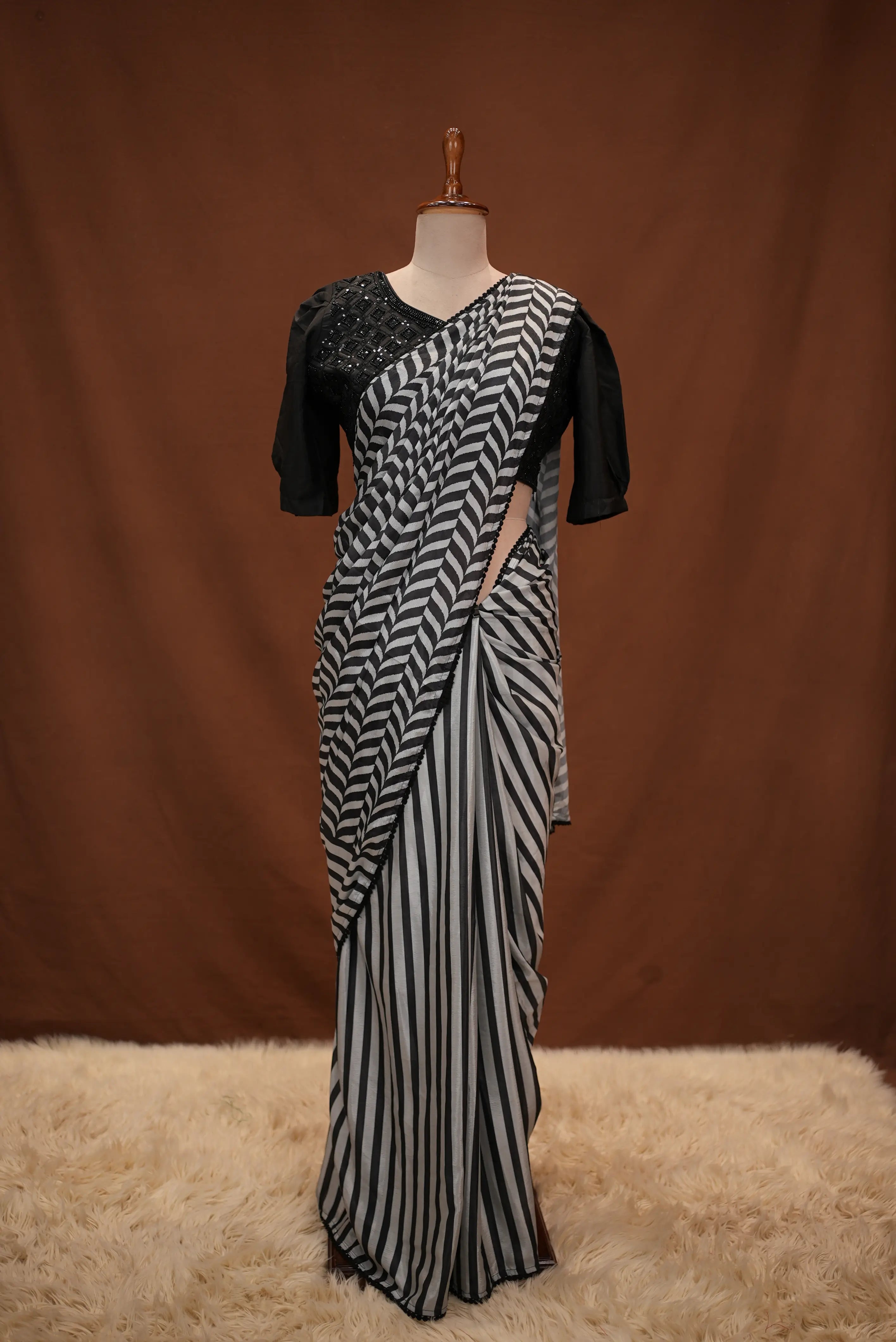 Stitch Blouse Saree With Heavy Handwork On Chinnon Fabric (Z Black Colour)