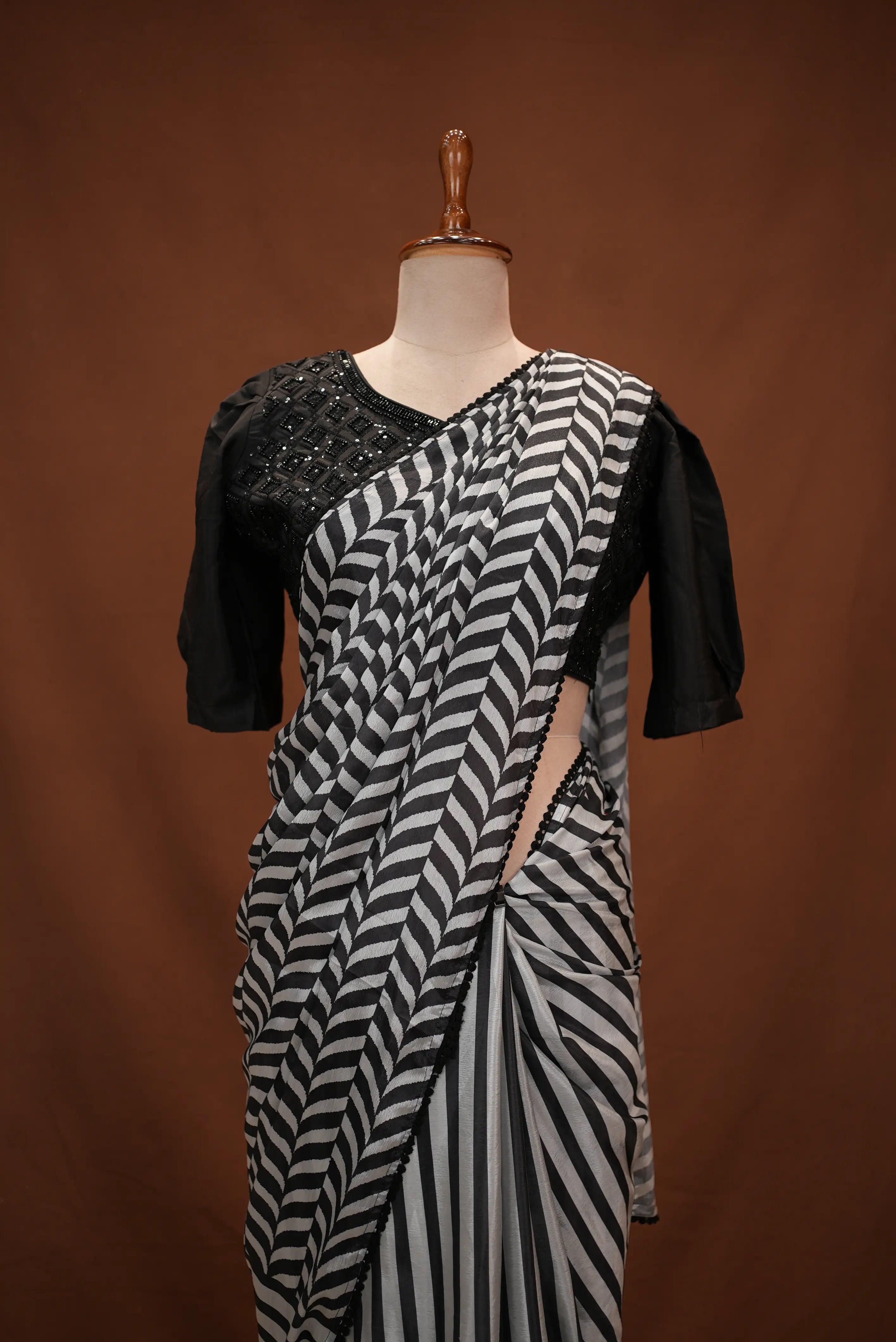 Stitch Blouse Saree With Heavy Handwork On Chinnon Fabric (Z Black Colour)