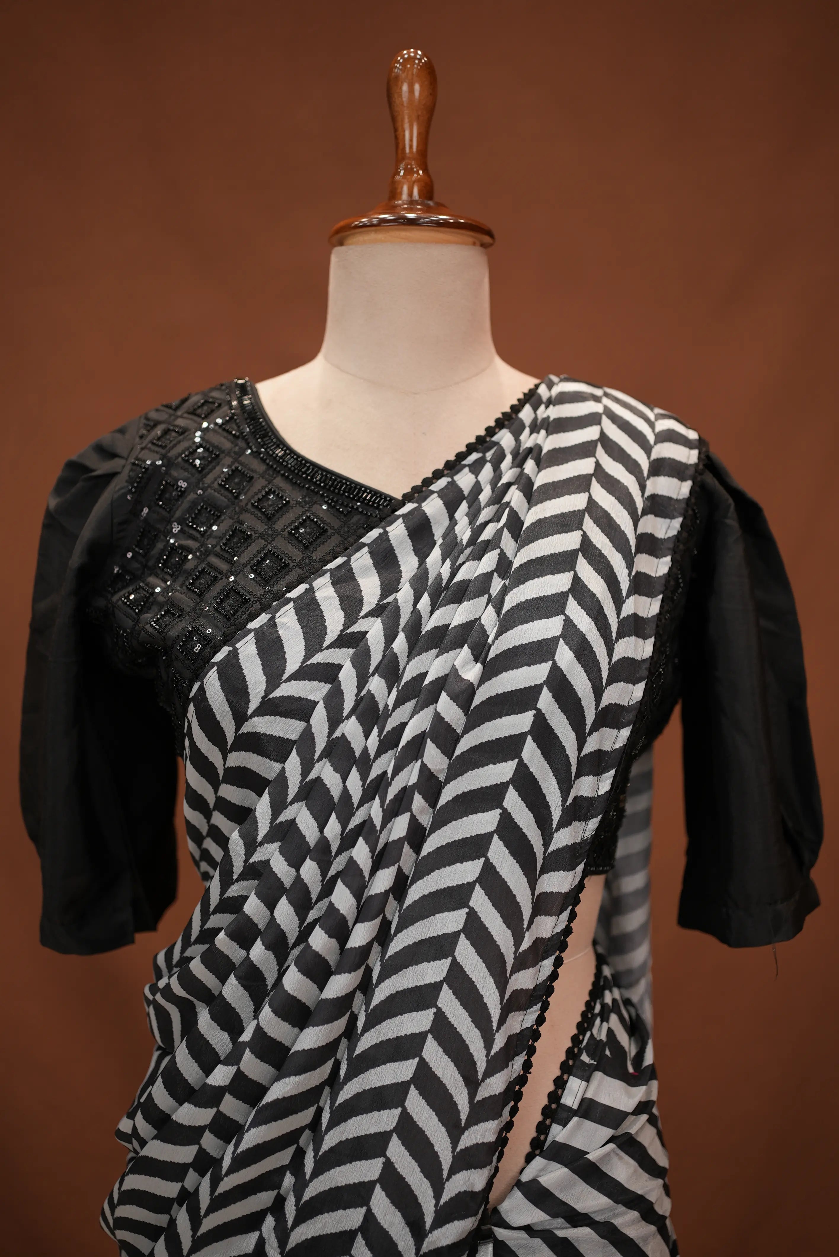 Stitch Blouse Saree With Heavy Handwork On Chinnon Fabric (Z Black Colour)