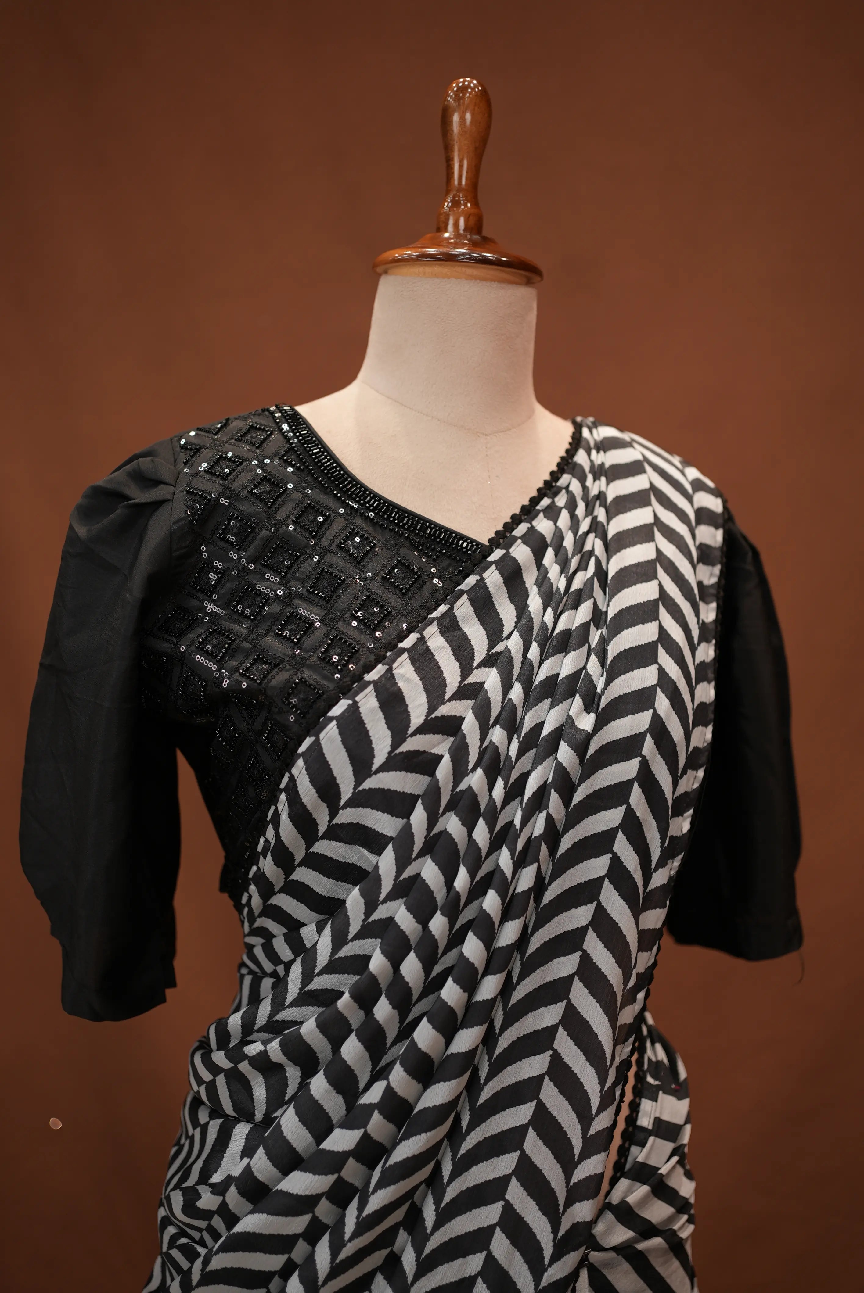Stitch Blouse Saree With Heavy Handwork On Chinnon Fabric (Z Black Colour)