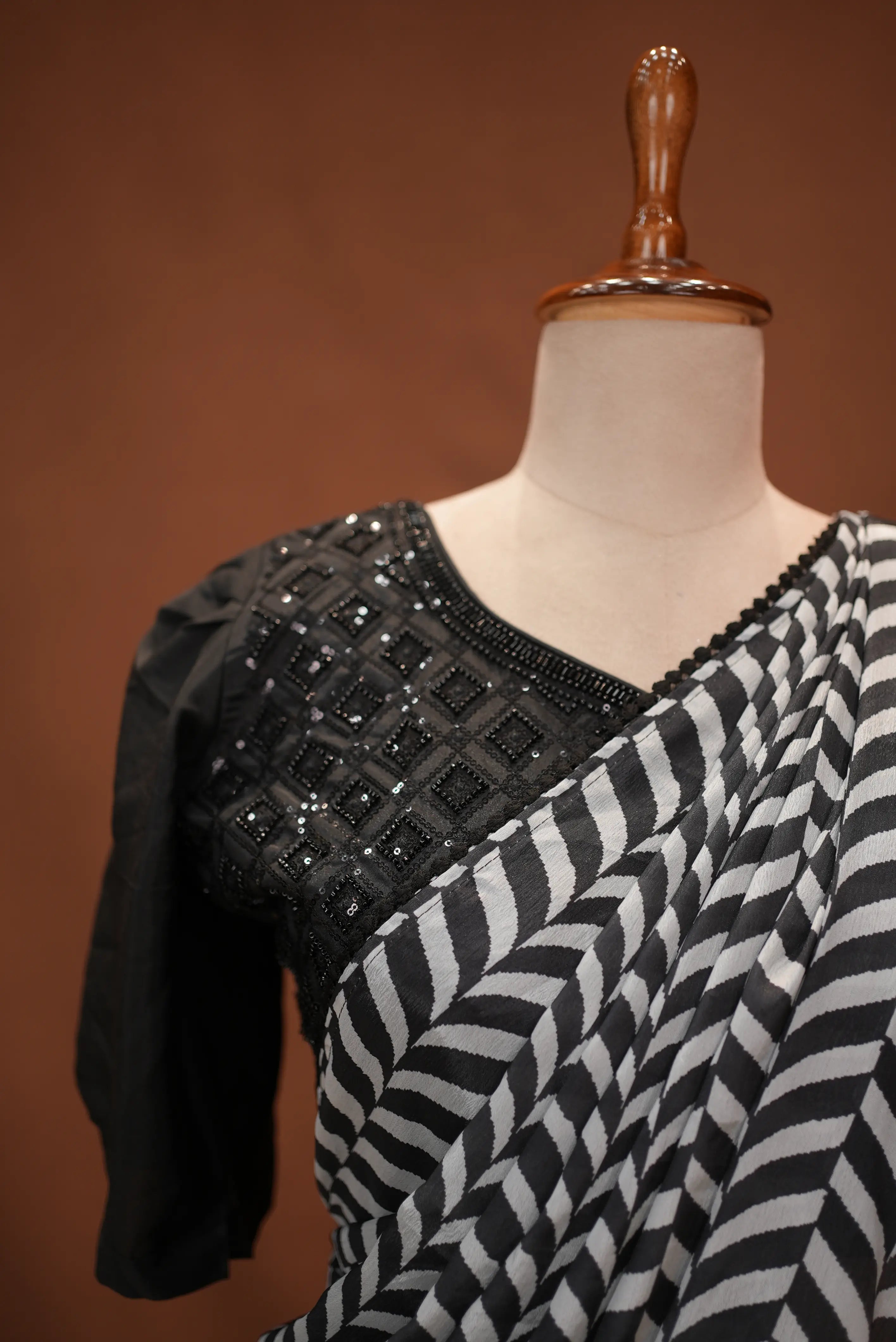 Stitch Blouse Saree With Heavy Handwork On Chinnon Fabric (Z Black Colour)