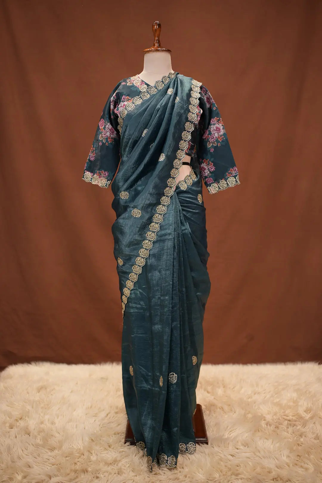 Stitch Blouse Saree On Crush Tissue Fabric Embalish Beats And Cut Dana Work
