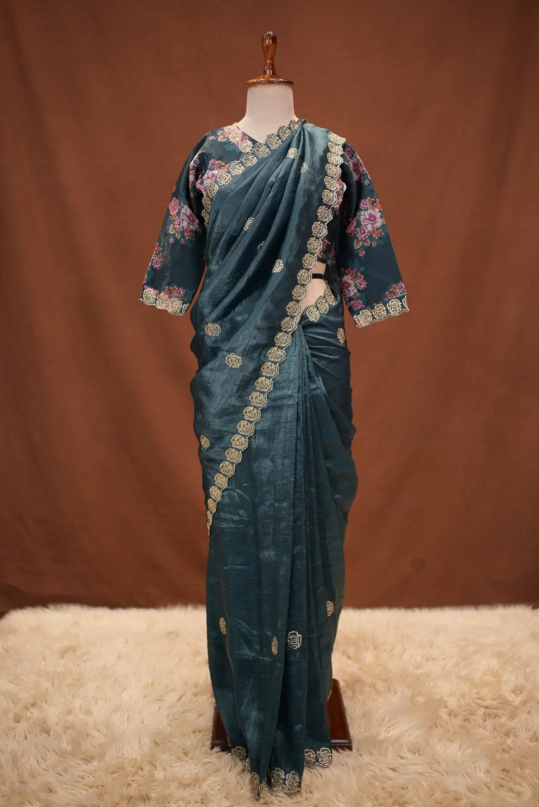 Stitch Blouse Saree On Crush Tissue Fabric Embalish Beats And Cut Dana Work