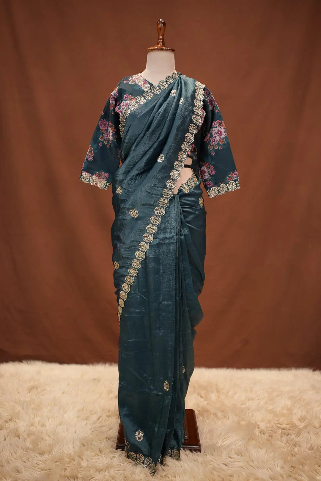 Stitch Blouse Saree On Crush Tissue Fabric Embalish Beats And Cut Dana Work