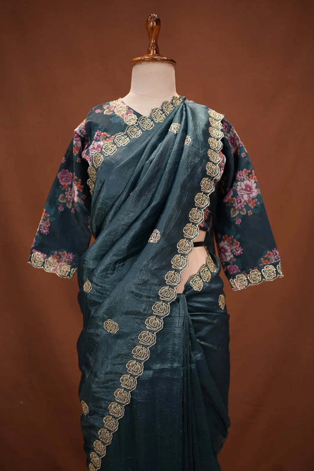 Stitch Blouse Saree On Crush Tissue Fabric Embalish Beats And Cut Dana Work