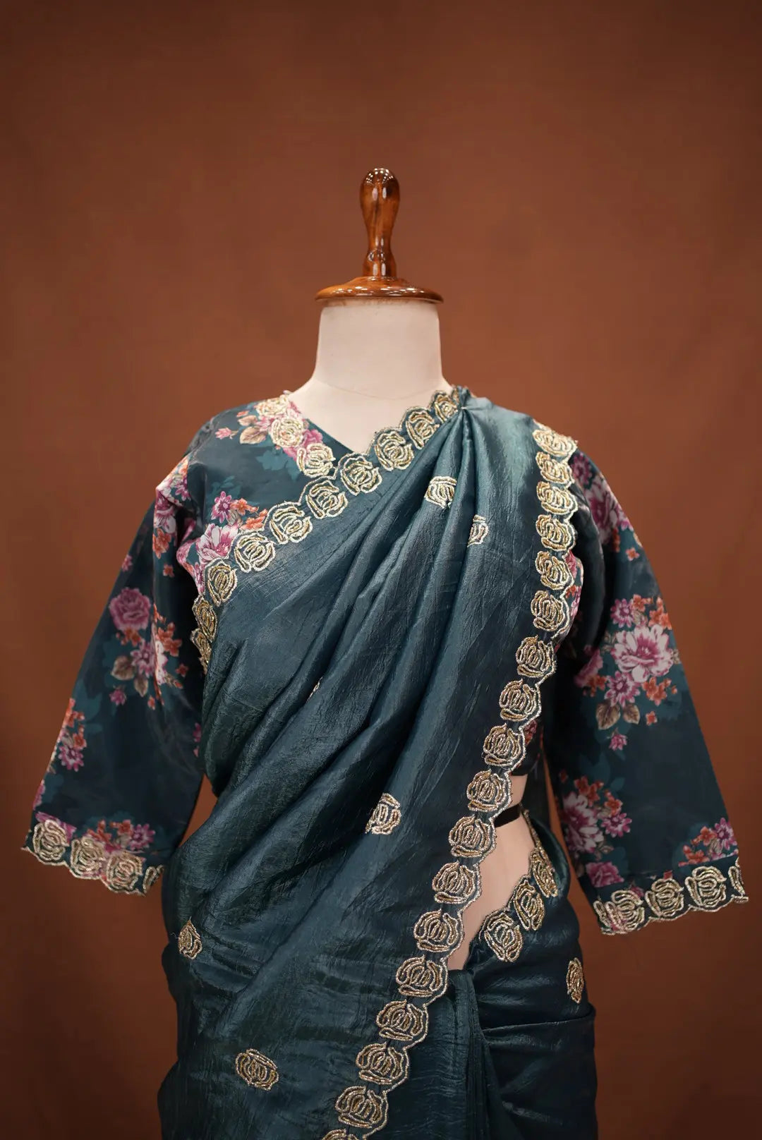 Stitch Blouse Saree On Crush Tissue Fabric Embalish Beats And Cut Dana Work