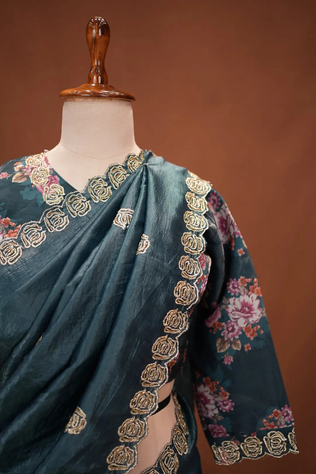 Stitch Blouse Saree On Crush Tissue Fabric Embalish Beats And Cut Dana Work