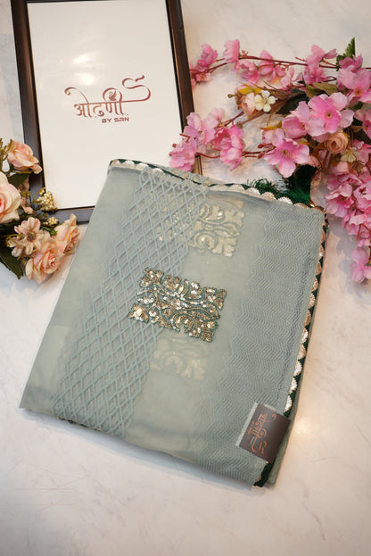 Net fabric saree with siroski buta & contrast blouse ##SR038