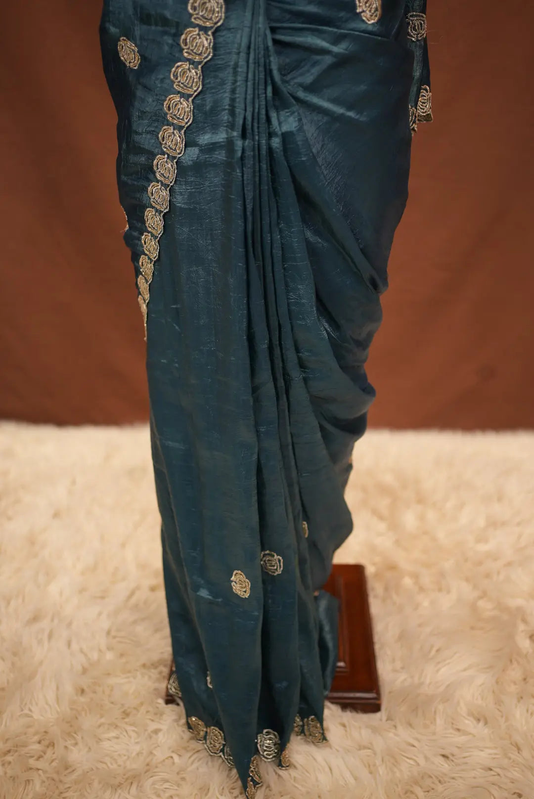 Stitch Blouse Saree On Crush Tissue Fabric Embalish Beats And Cut Dana Work