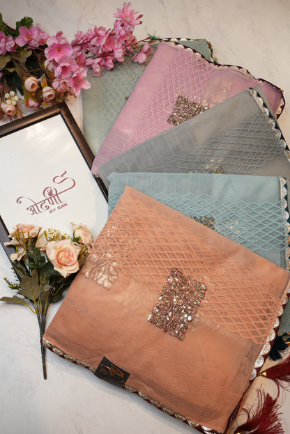 Net fabric saree with siroski buta & contrast blouse ##SR038