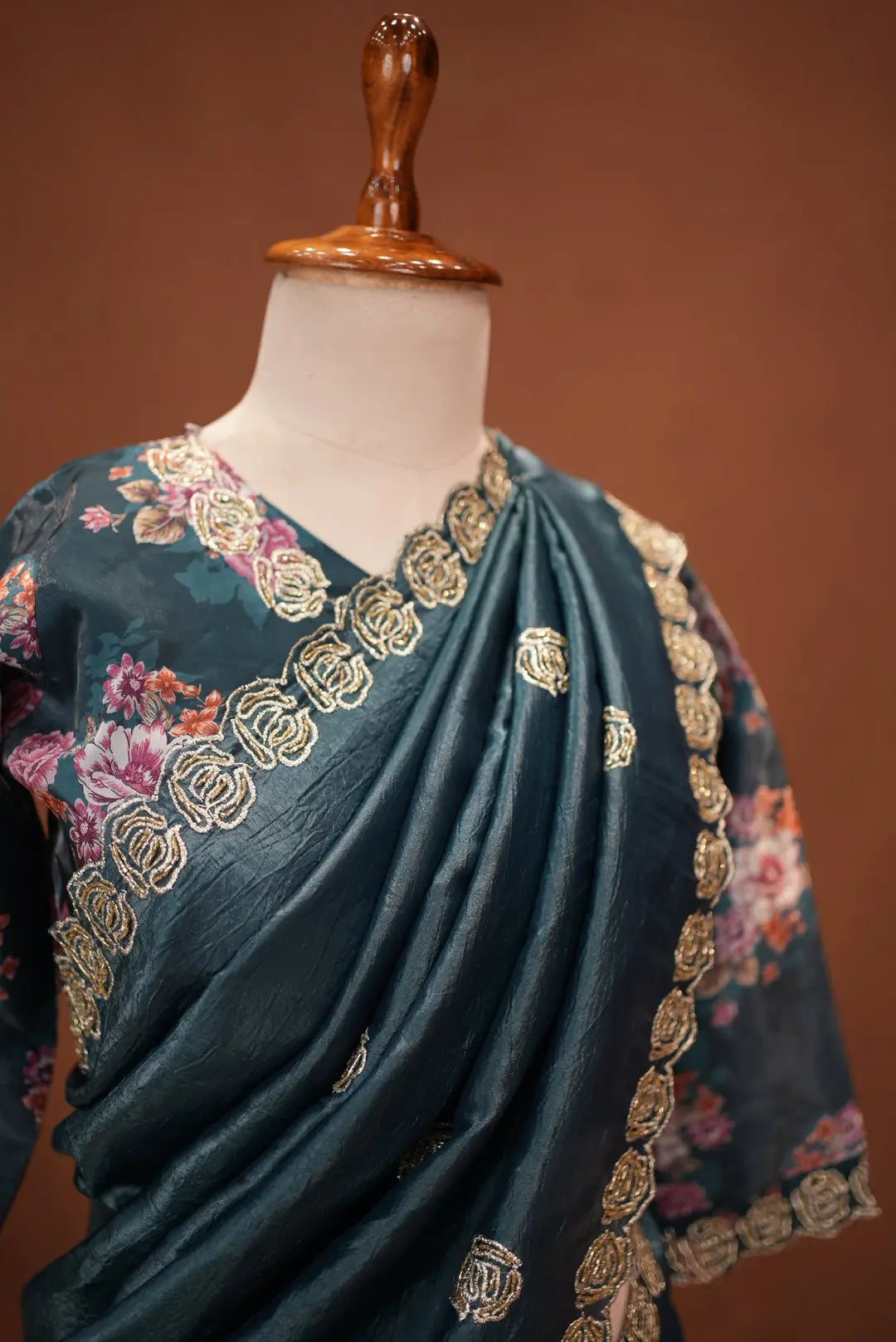 Stitch Blouse Saree On Crush Tissue Fabric Embalish Beats And Cut Dana Work