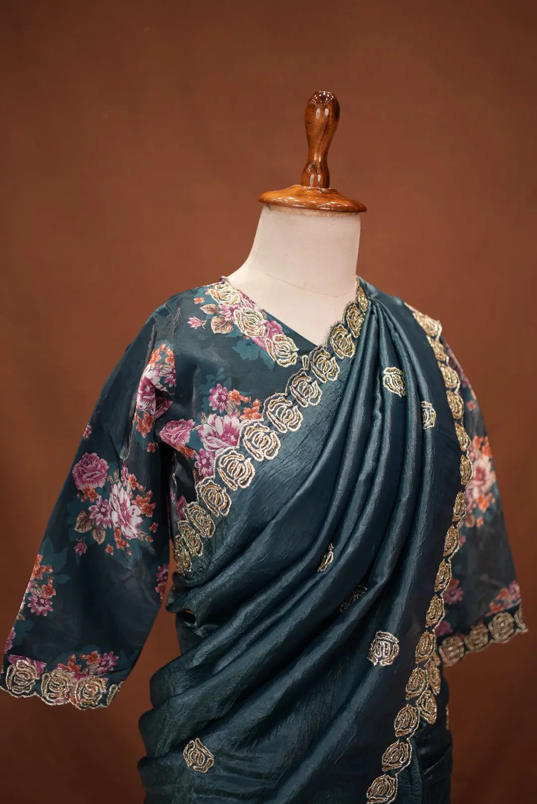 Stitch Blouse Saree On Crush Tissue Fabric Embalish Beats And Cut Dana Work