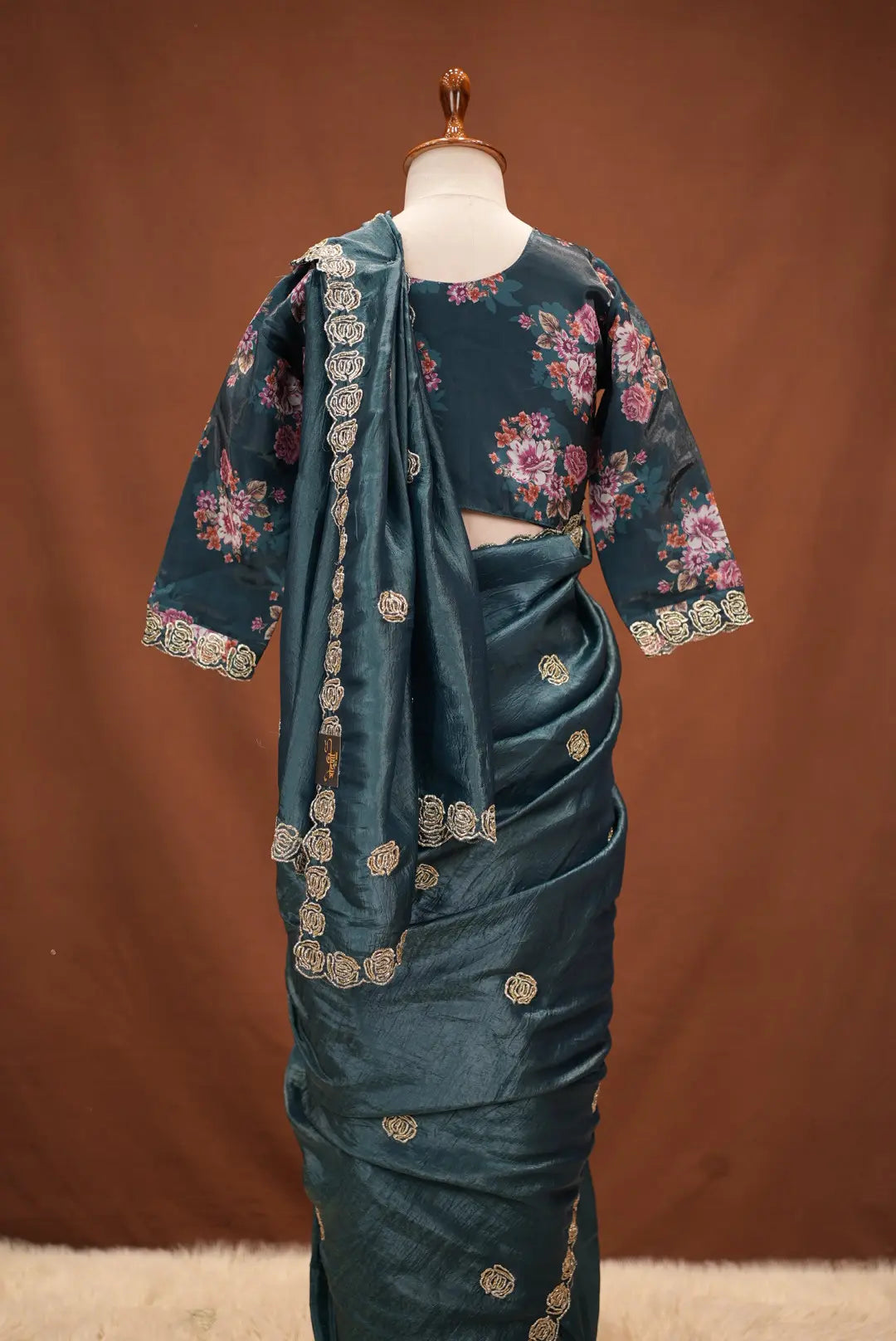 Stitch Blouse Saree On Crush Tissue Fabric Embalish Beats And Cut Dana Work