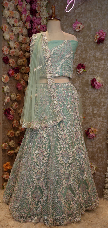 KASHMINA & JARKAN WORK FULL FLAIR LEHENGA ON NET FABRIC WITH HEAVY DUPATTA (WITH HEAVY BLOUSE) ##LC026
