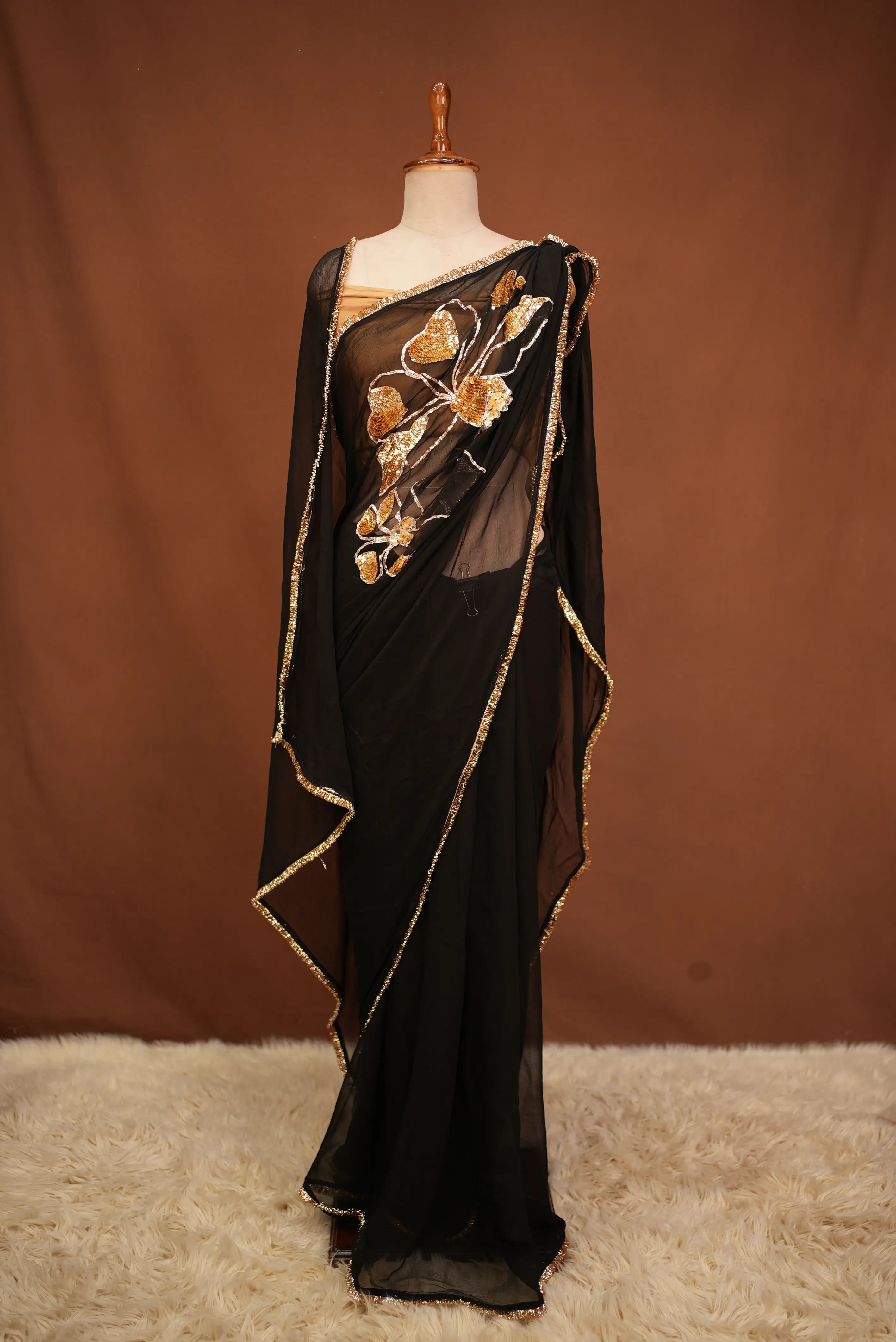 Chiffon Fabric Saree with Handwork French Flower Design & Sequence Work (With Blouse)