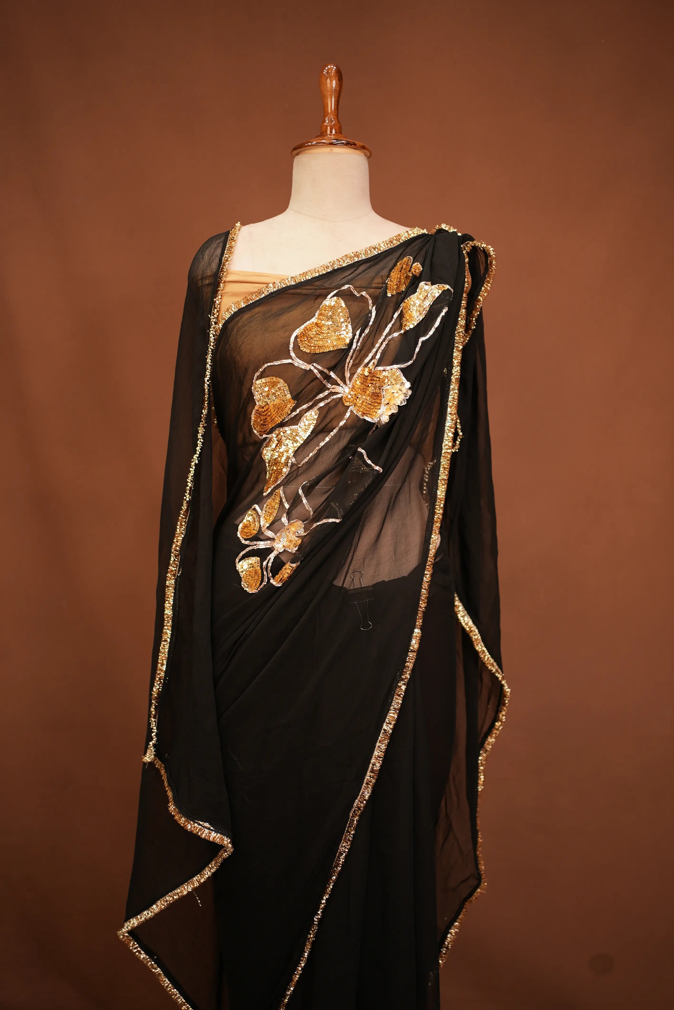 Chiffon Fabric Saree with Handwork French Flower Design & Sequence Work (With Blouse)