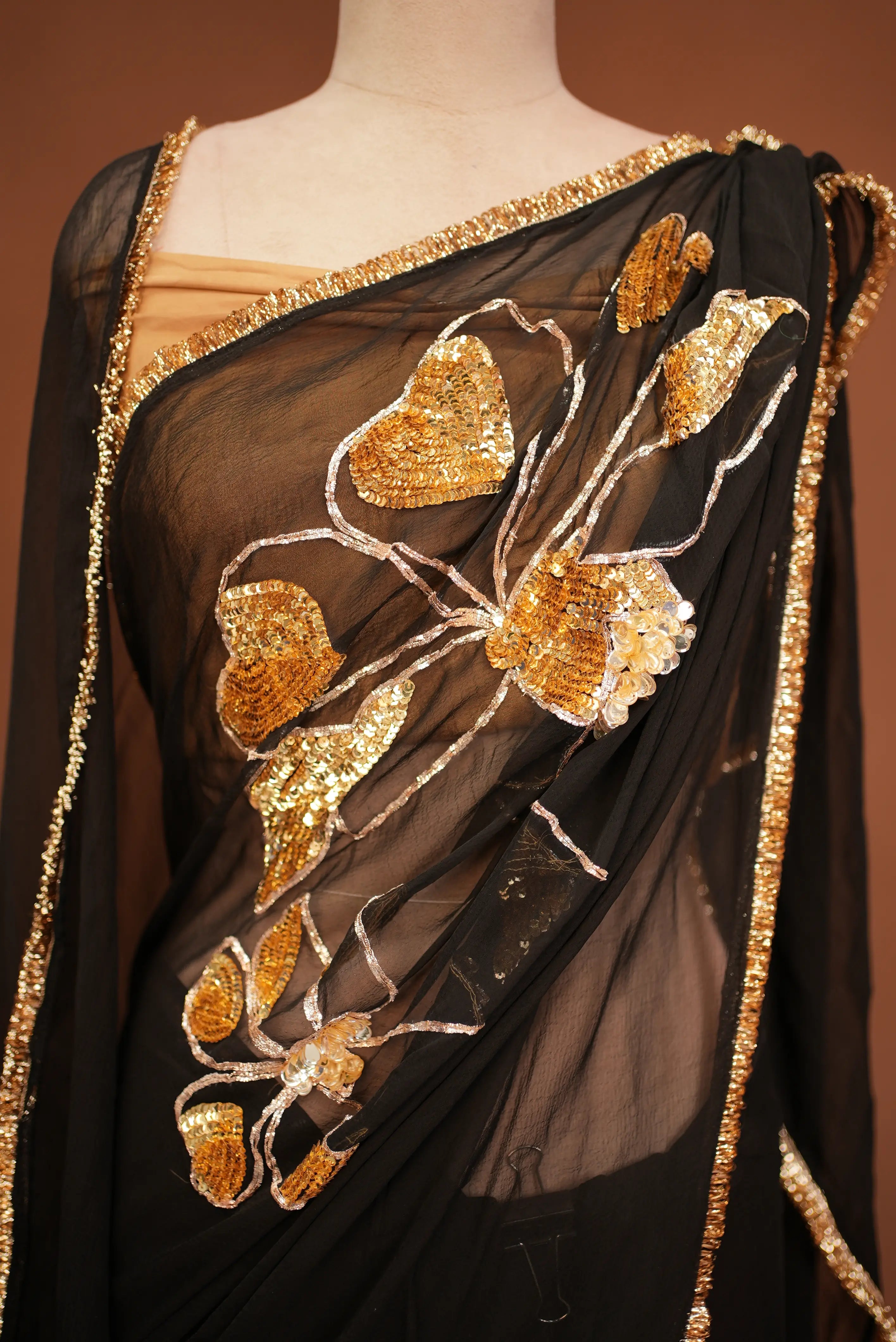 Chiffon Fabric Saree with Handwork French Flower Design & Sequence Work (With Blouse)