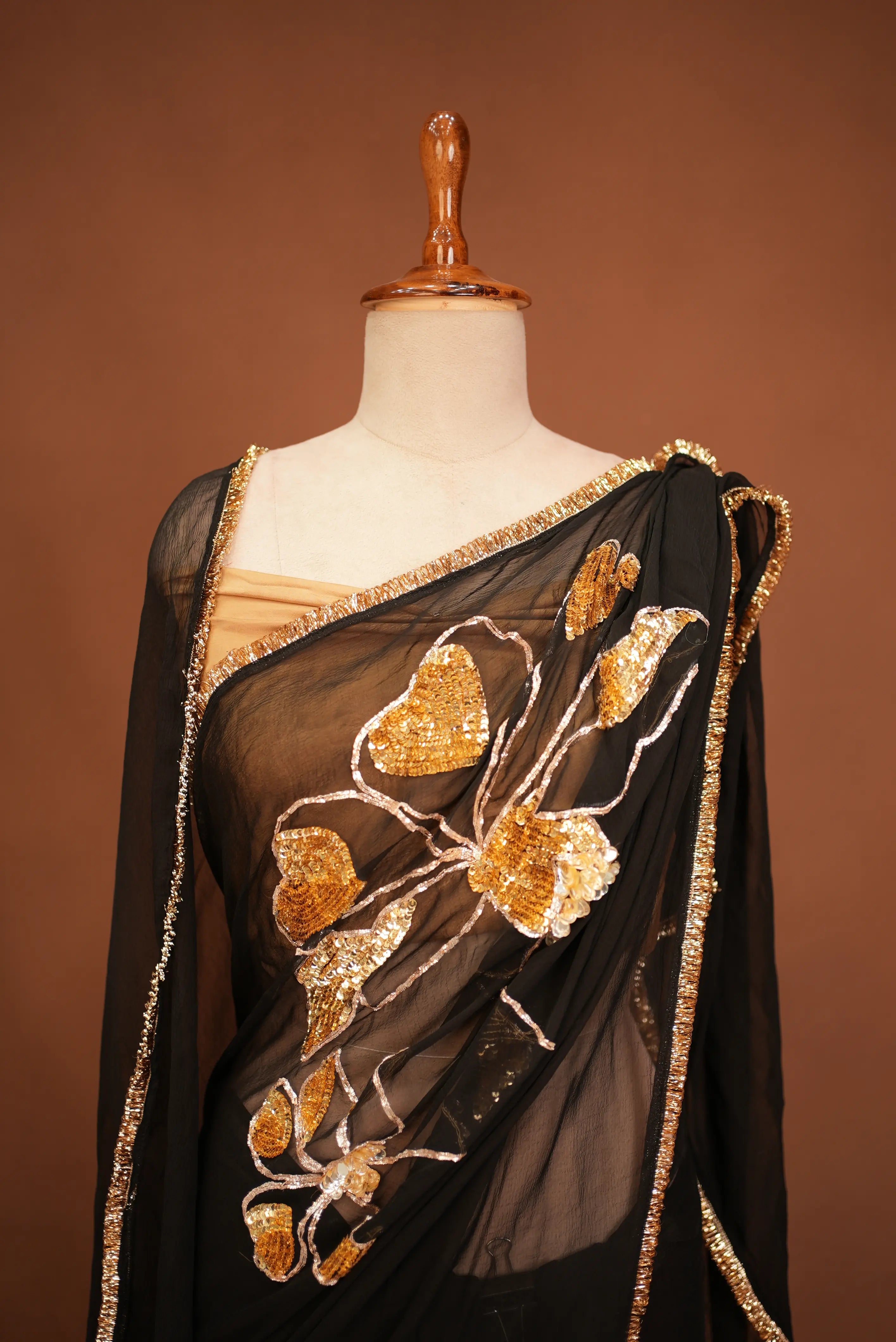 Chiffon Fabric Saree with Handwork French Flower Design & Sequence Work (With Blouse)