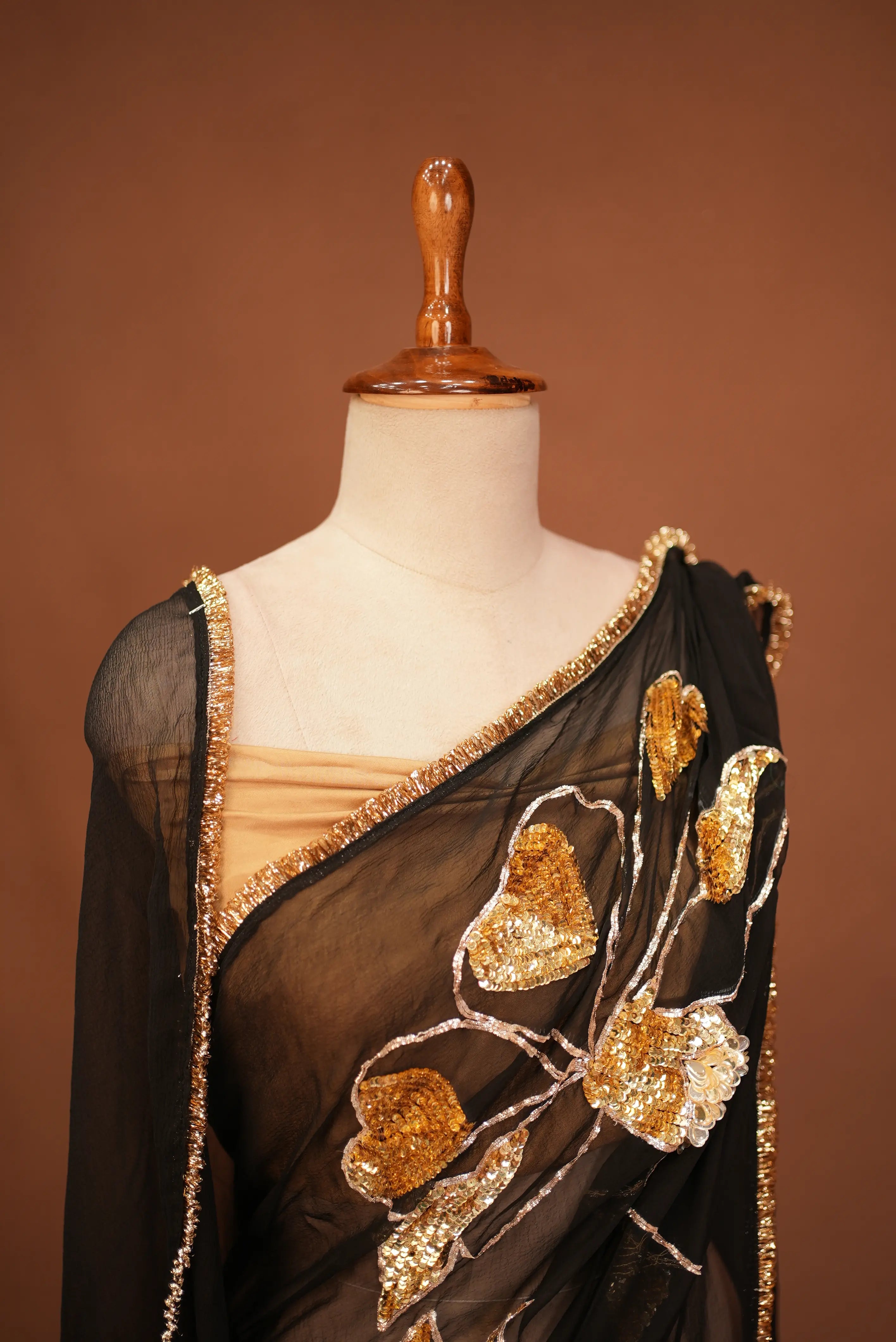 Chiffon Fabric Saree with Handwork French Flower Design & Sequence Work (With Blouse)