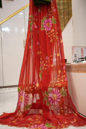 ROYAL CHINON FABRIC SAREE WITH FLOWER PRINT HANDWROK (WITH BLOUSE) ##SR0177