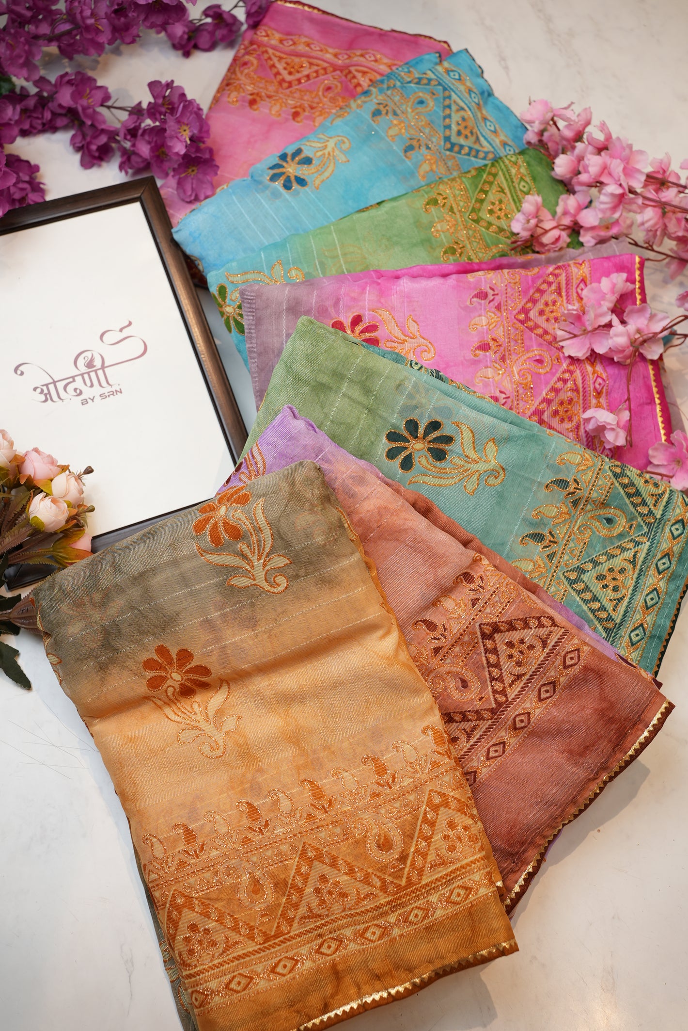 Weightless fabric saree with print & foil work & heavy contrast blouse ##SR041