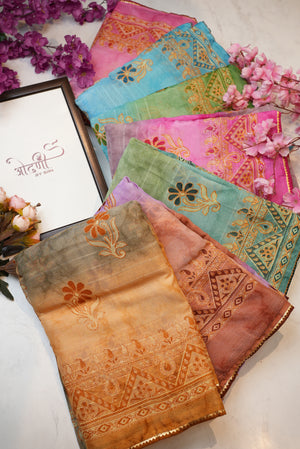 Weightless fabric saree with print & foil work & heavy contrast blouse ##SR041