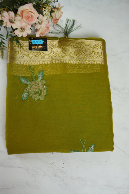 SHIMMER CHIFFON FABRIC SAREE WITH EMBROIDERY BUTA AND BANARASI WEAVING BORDER (WITH BLOUSE) ##SR0176