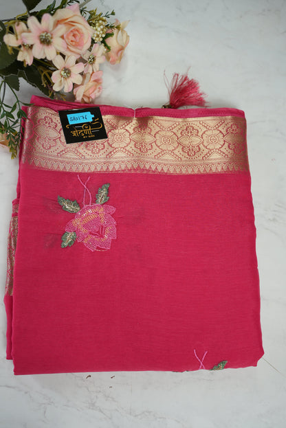 SHIMMER CHIFFON FABRIC SAREE WITH EMBROIDERY BUTA AND BANARASI WEAVING BORDER (WITH BLOUSE) ##SR0176