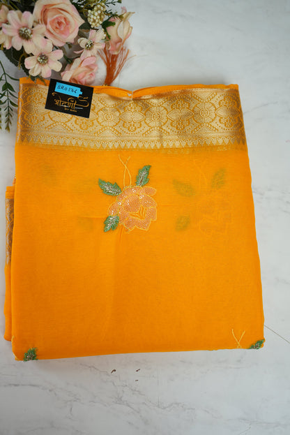 SHIMMER CHIFFON FABRIC SAREE WITH EMBROIDERY BUTA AND BANARASI WEAVING BORDER (WITH BLOUSE) ##SR0176