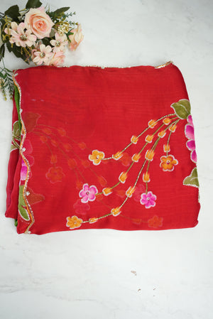 ROYAL CHINON FABRIC SAREE WITH FLOWER PRINT HANDWROK (WITH BLOUSE) ##SR0177