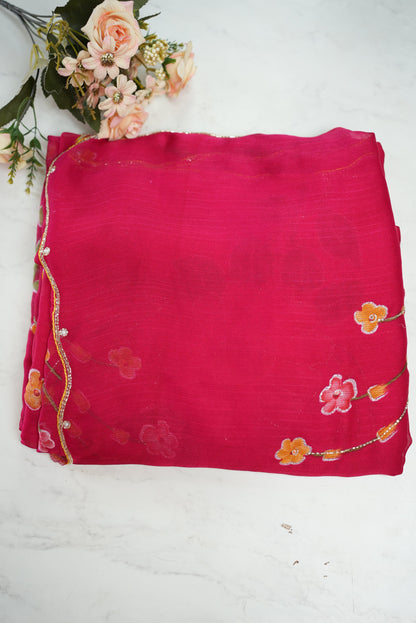 ROYAL CHINON FABRIC SAREE WITH FLOWER PRINT HANDWROK (WITH BLOUSE) ##SR0177